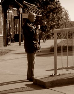 Tram Stop Scene in Sepia Tone photo