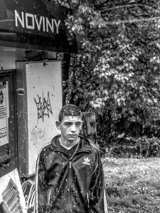 Romany Lad Waiting for a Bus (HDR monochrome) photo