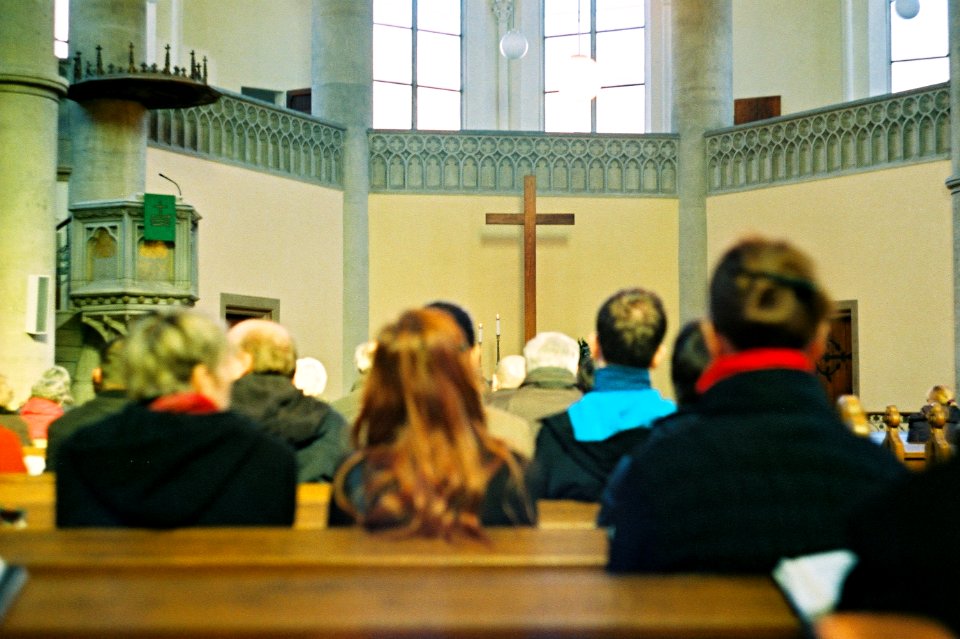 Praktica MTL 5 +  Helios 44-2 2/58 - People in the Red Church Looking at the Cross