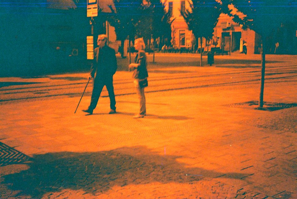Pentacon Electra + redscale film - Tram Stop Scene 1