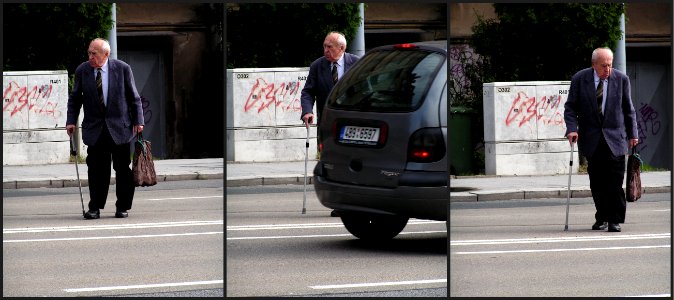 Old Man Crossing the Street (Triptych)