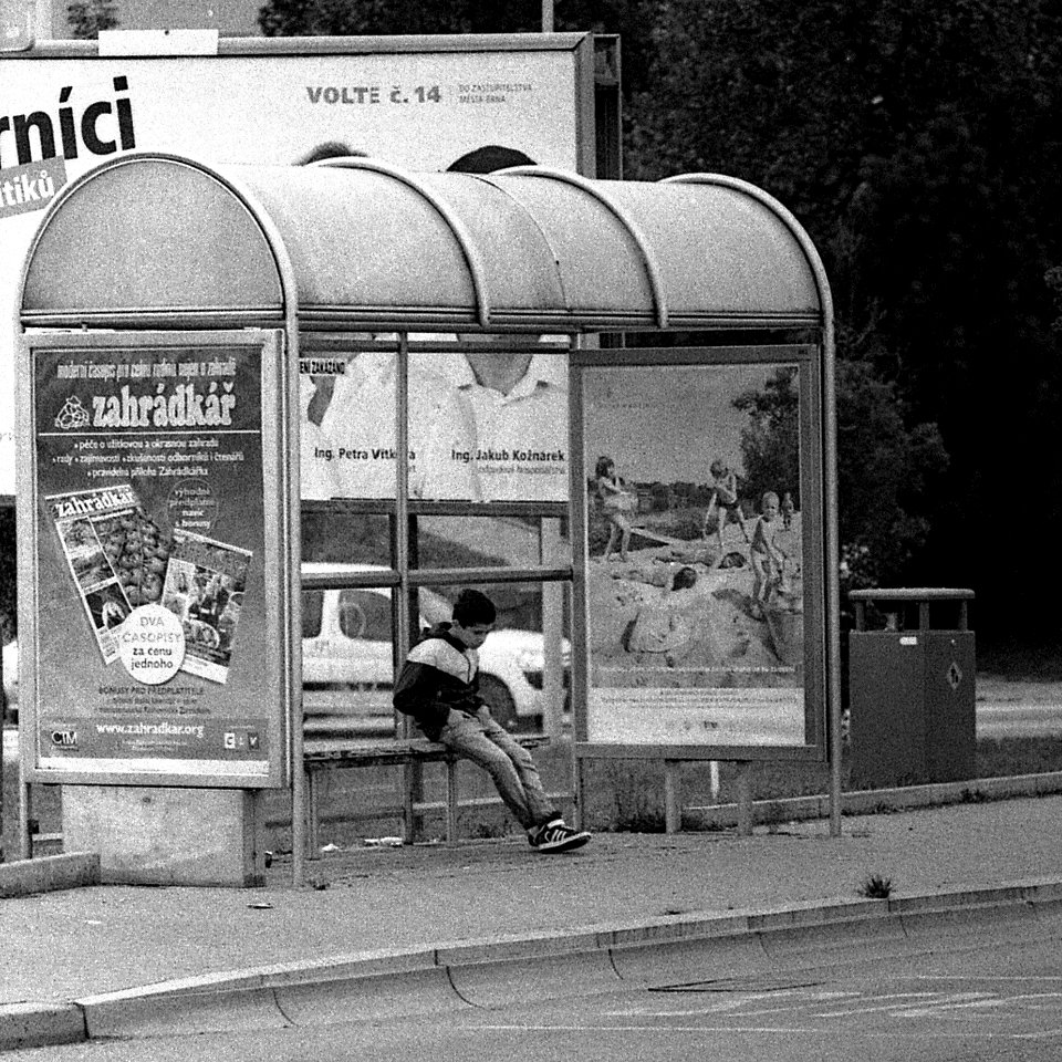 Kiev 4 + Jupiter-11 - Boy at Bus Stop 1