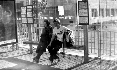 Zorki 4 + Industar-61 L/D - Couple at Bus Stop (taken from trolley-bus window)