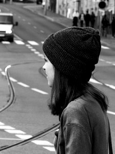 Schoolgirl at Crosswalk B&W photo