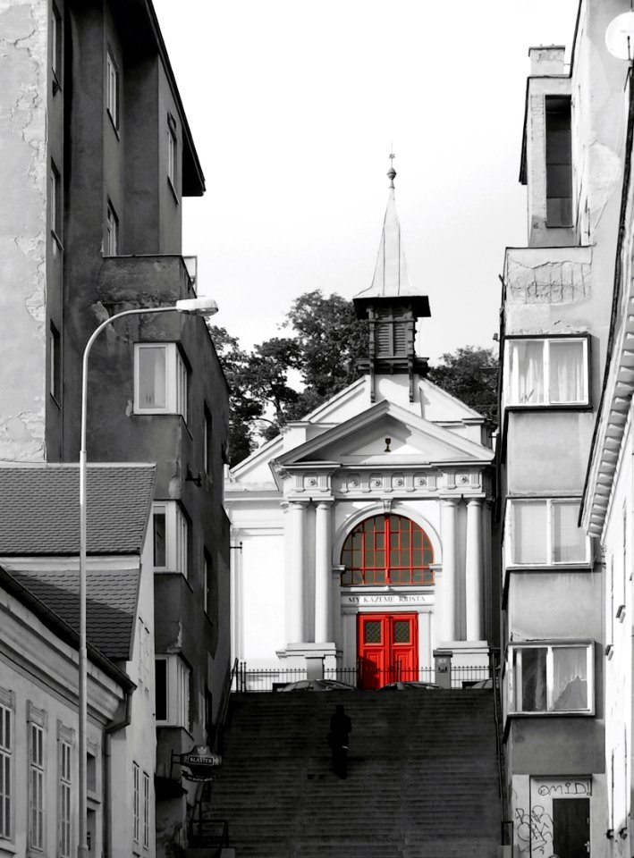 Look at Evangelical Church from Below (selective colour, edited converging verticals)