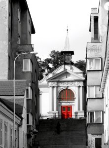 Look at Evangelical Church from Below (selective colour, edited converging verticals)