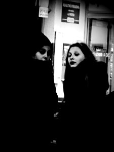 Girls at the Tram Stop B&W