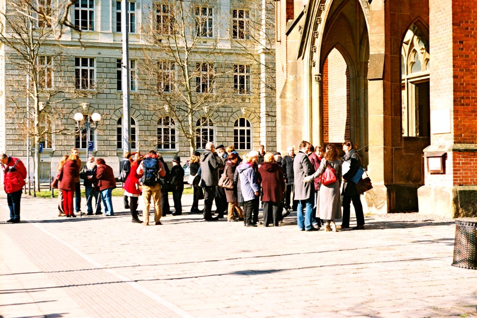 Praktica MTL 5 +  Helios 44-2 2/58 - People in front of the Red Church After the Service