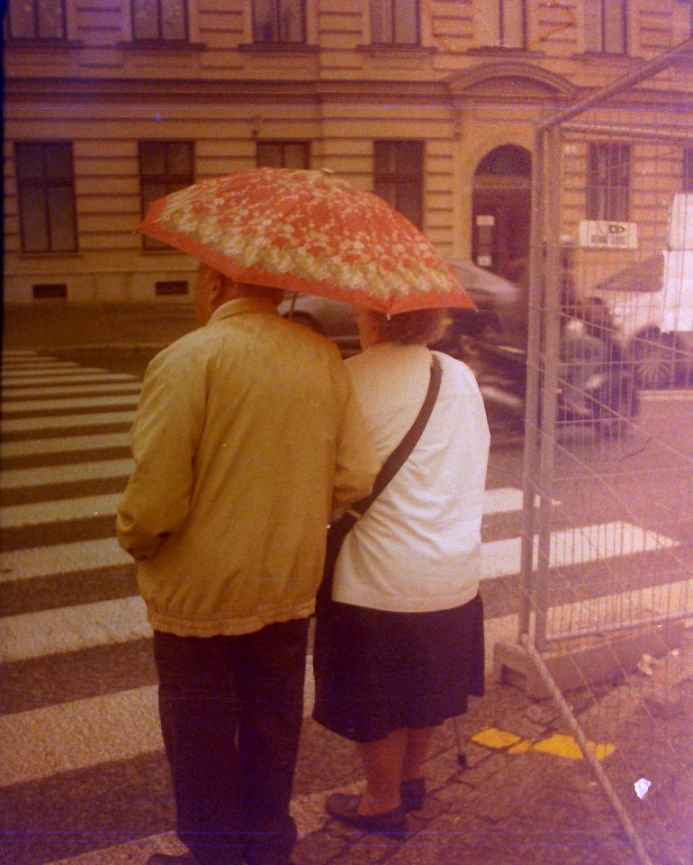Chaika 3 (on redscale film) - Elderly Couple at Crosswalk