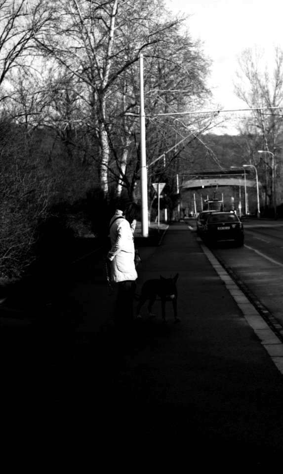 Kiev 4 + Helios 103 - Woman in White with Black Dog