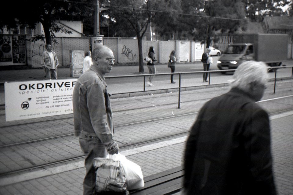 Minolta Hi-Matic G - Man at Tram Stop