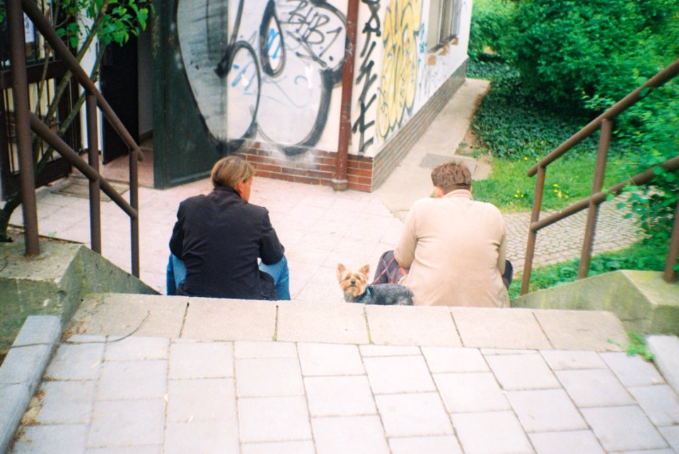 Vilia-Auto - Men with a Dog Sitting on Stairs