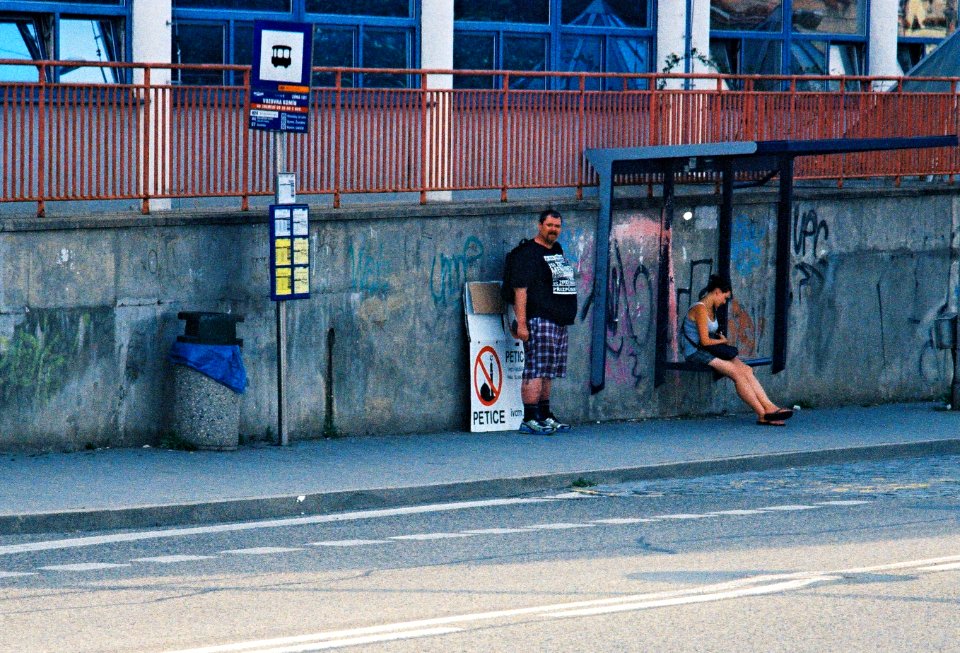 Kiev 4 + Jupiter-11 135/4 - Bus Stop with a Normal Girl and Islamophobe