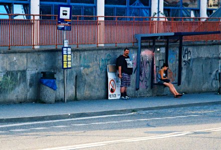 Kiev 4 + Jupiter-11 135/4 - Bus Stop with a Normal Girl and Islamophobe