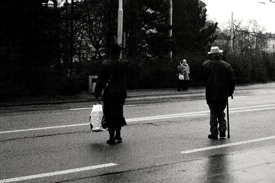 Elderly Couple Crossing a Street