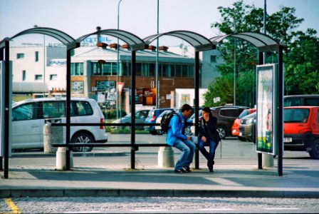 Praktica BC1 + MC Pentacon Prakticar 2,8/135 - Couple at Bus Stop photo