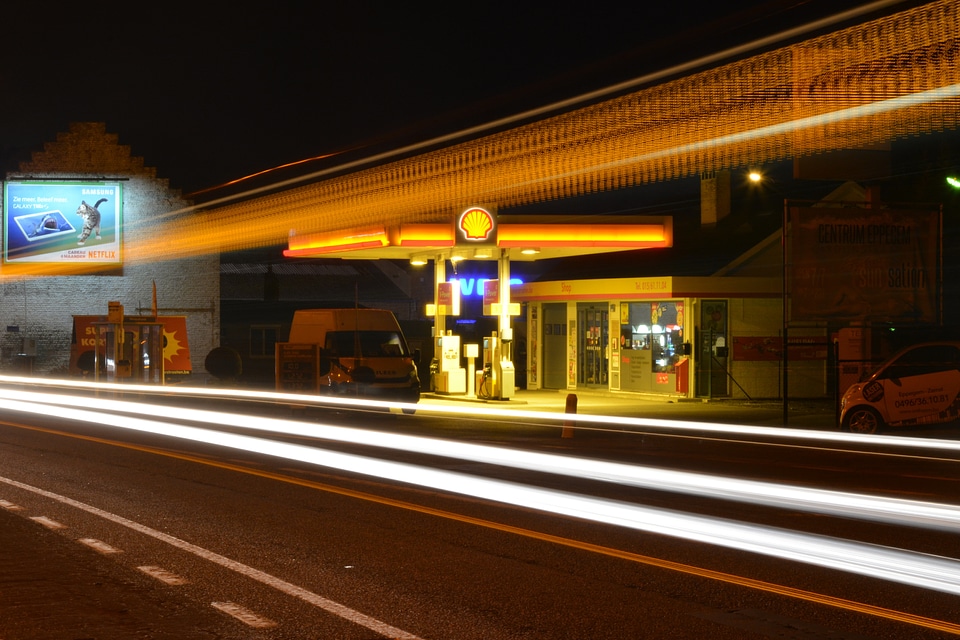 Slow shutter speed traffic gas and service station