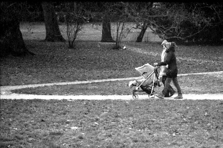 Kiev 4 + Jupiter-11 135/4 - Couple with Baby Carriage in the Park
