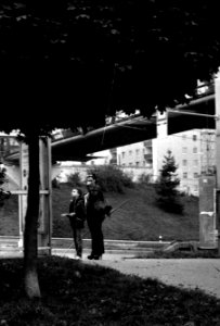 Kiev 4 + Helios-103 - Mother and Son at Bus Stop