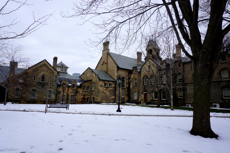Snowy campus courtyard