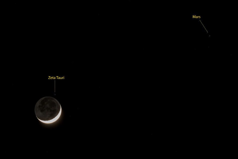 Waxing Crescent Moon, Zeta Tauri, and Mars