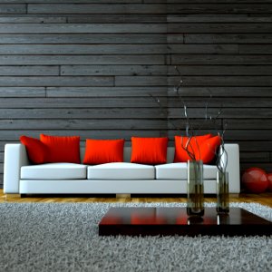 Wohndesign - weisses Sofa mit roten Kissen photo