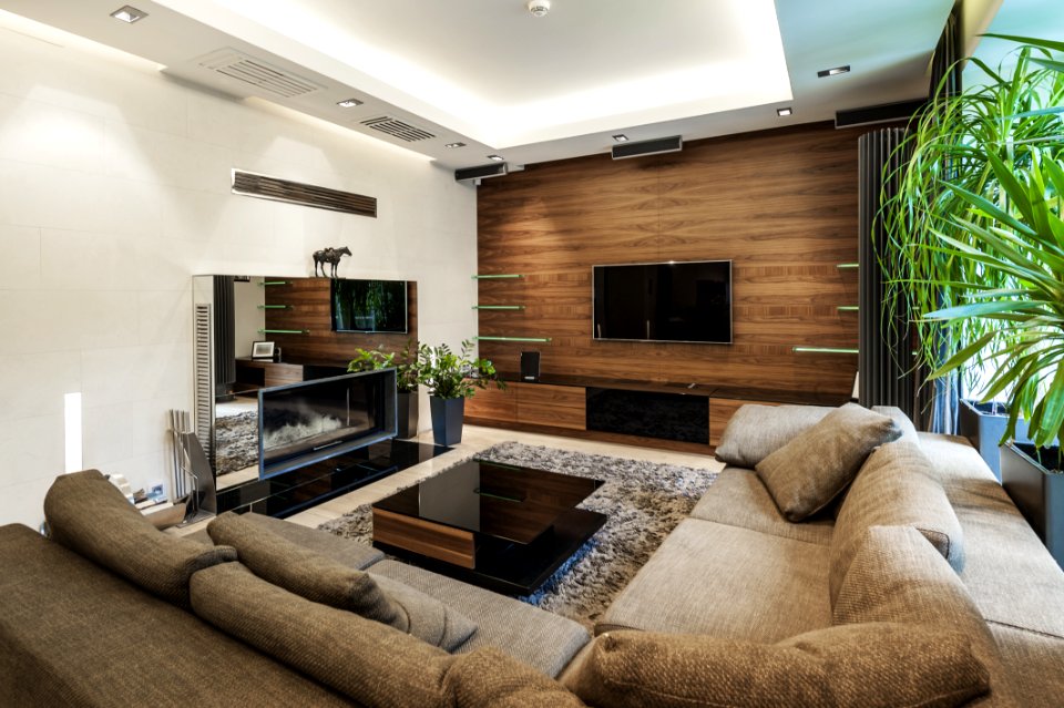 Modern living room with fireplace