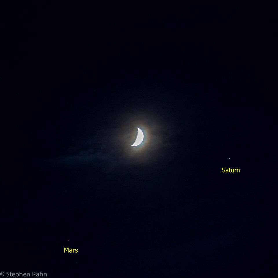 Waxing Crescent Moon, Mars, and Saturn