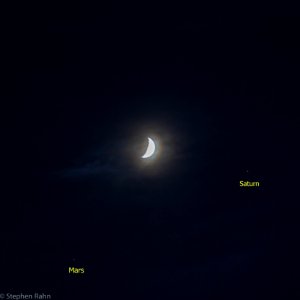 Waxing Crescent Moon, Mars, and Saturn