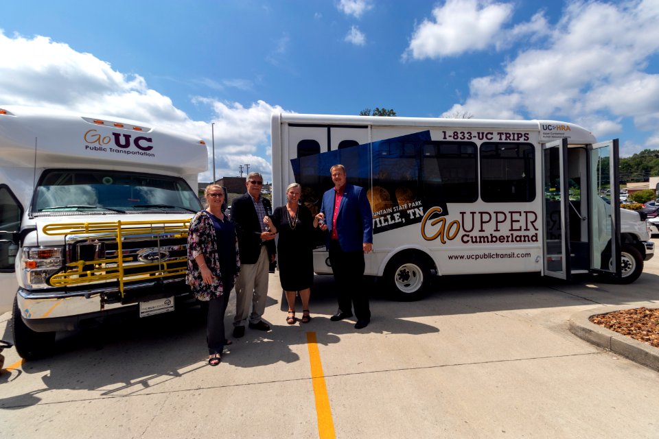 Rebecca Neil Foster (Congressman Jim Rose's office), Mayor James Mayberry (Crossville), Becky Harris (UCHRA), Mayor Allen Foster (Cumberland County), Ride Upper Cumberland bus