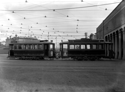 Trams at the Tramsheds, Market Reserve c1920s photo