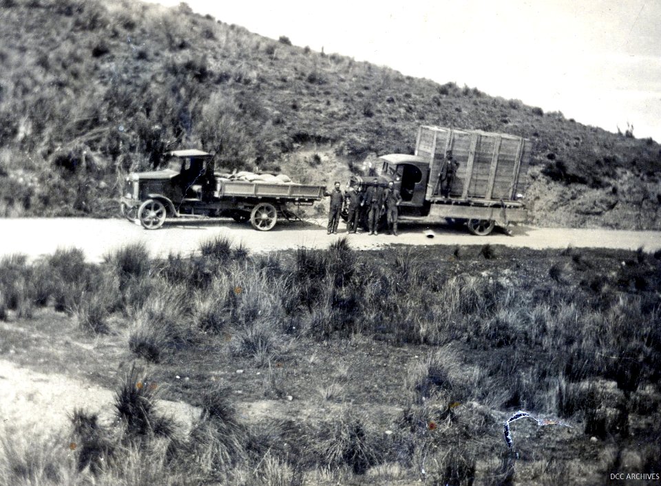 Trucks moving equipment to Waipori