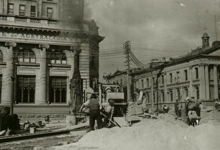 Corner of Lower Rattray Street and Bond Street - concrete mixer and men at work