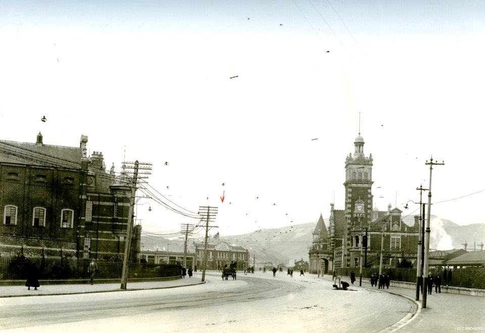 Lower High Street 1923, with Dunedin Prison and Railway Station photo