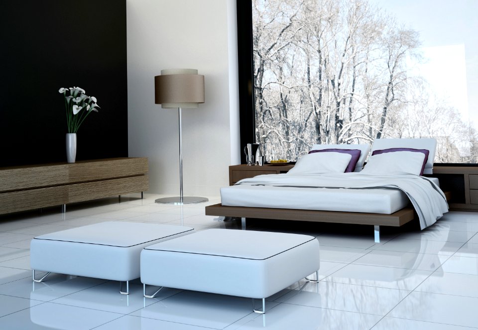 Modern Bed Room with wooden bed and white pillows