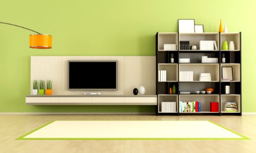 green living room with tv stand and bookcase - rendering photo