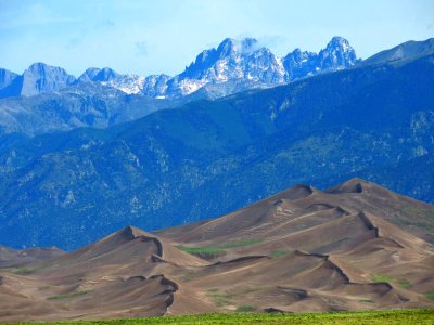 Fresh Snow on Crestone Peaks Above Star Dune, August 2016 photo