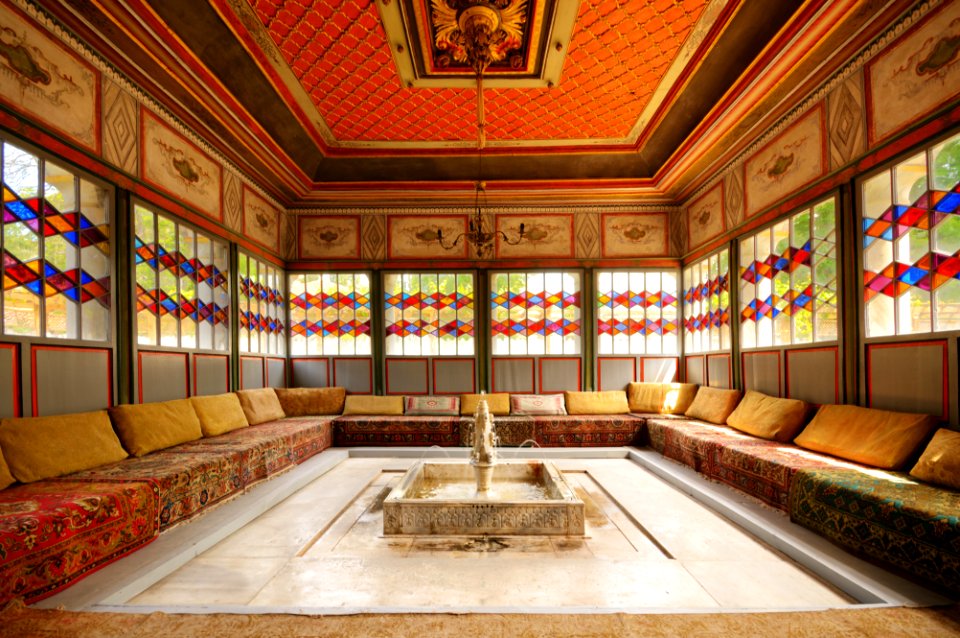 Crimea khan palace interior room with sofa and fountain
