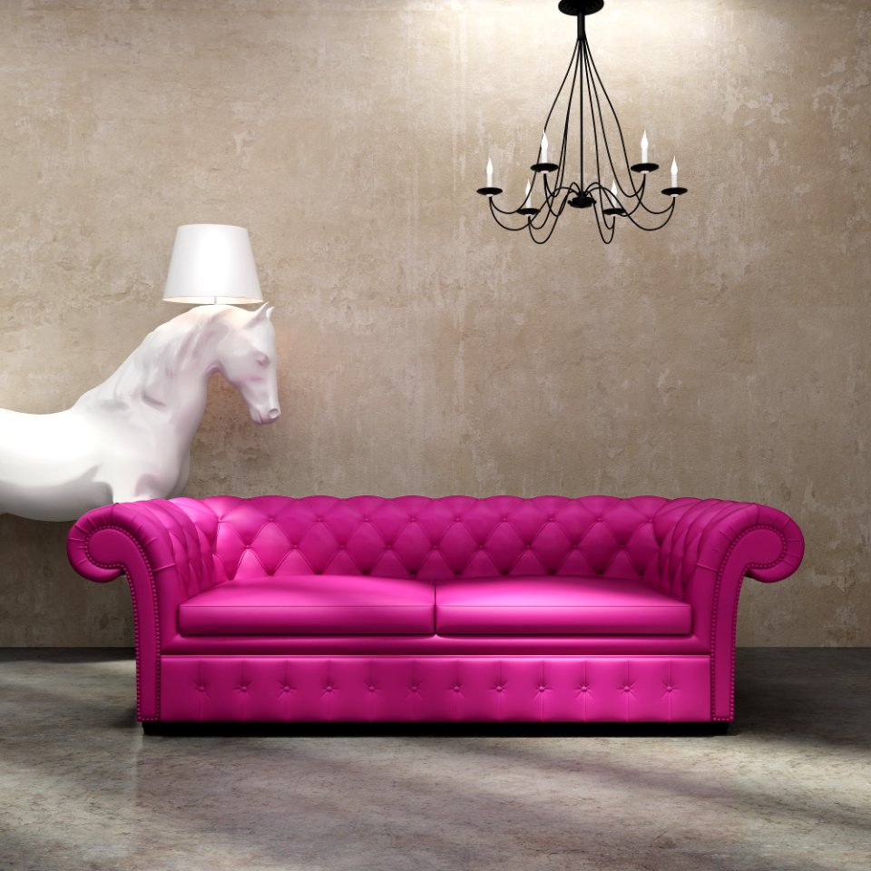 Vintage antique tufted modern classic sofa, grunge wall, horse
