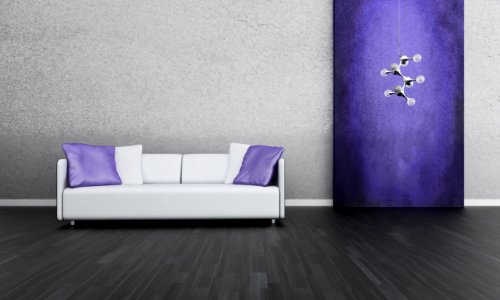 Modern white couch in front of colorful wall | 3d interior photo