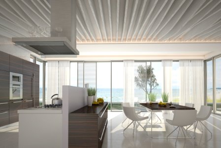 modern dining room interior with sea / ocean view