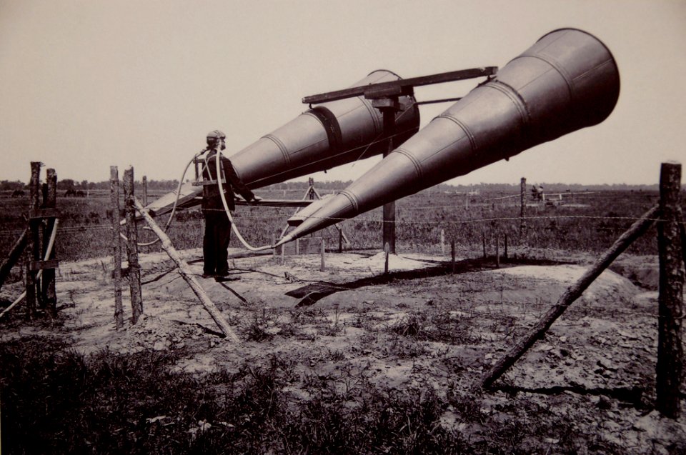 Giant listening horns like this were used to listen for approaching aircraft during the Great War once aircraft were used for more than just recon and became weapons