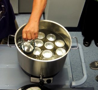 Removing canned pears from electric canner with jar lifter photo