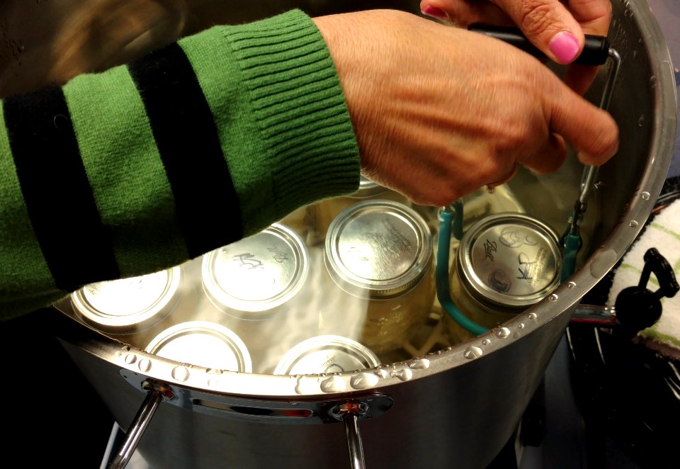 Removing canned pears from canner