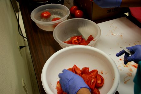 Cutting tomatoes into pieces for canning