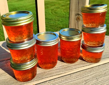 Stacked crab apple jelly on deck photo