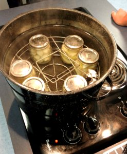 Canned pears in boiling water bath photo