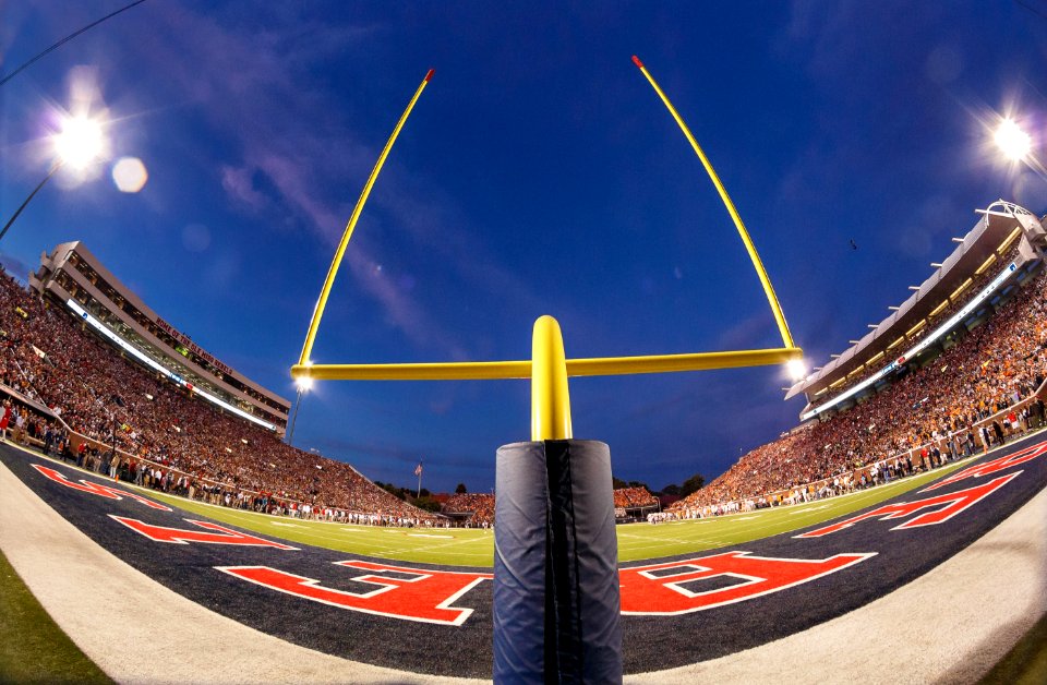 The new field goal posts at Vaught-Hemingway Stadium