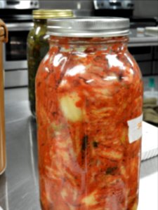 Kimchi fermenting in 2 quart jar