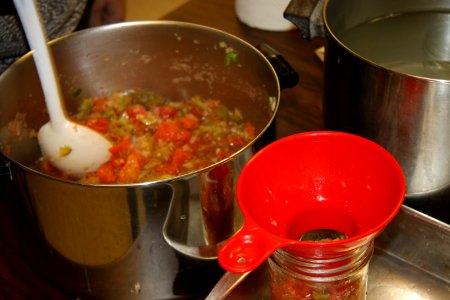 Salsa being added hot to canning jars photo